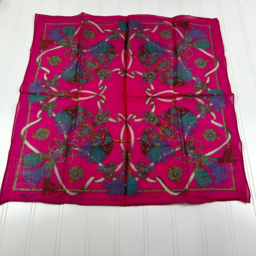 Celine Paris Pink Blue Gold Multi Color Scarf Handkerchief - Picture 7 of 7